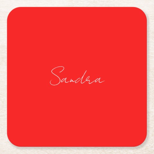 赤白手書きミニマリストあなたの名前 スクエアペーパーコースター (正面)