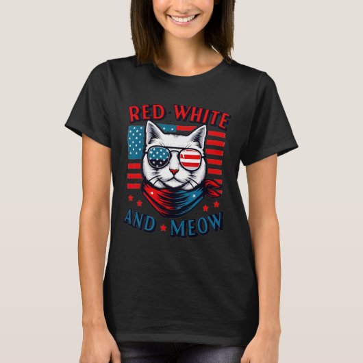 赤白猫・ニャーキャットアメリカ国旗7月M4日 Tシャツ (正面)
