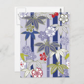 赤白紫の花柄の日本の着物パターン ポストカード (正面/裏面)