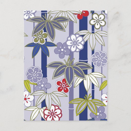 赤白紫の花柄の日本の着物パターン ポストカード (正面)