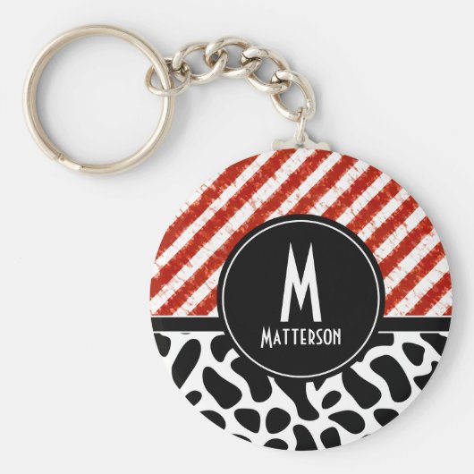 赤白色ストライプ黒模様モノグラム キーホルダー (正面)