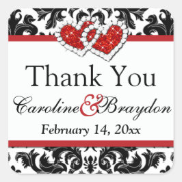 赤白色ダマスク、ハート1.5インチSq.ステッカー2 スクエアシール
