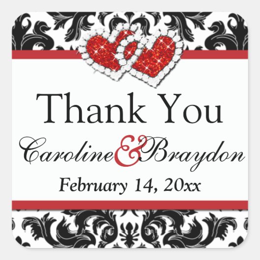 赤白色ダマスク、ハート1.5インチSq.ステッカー2 スクエアシール (正面)