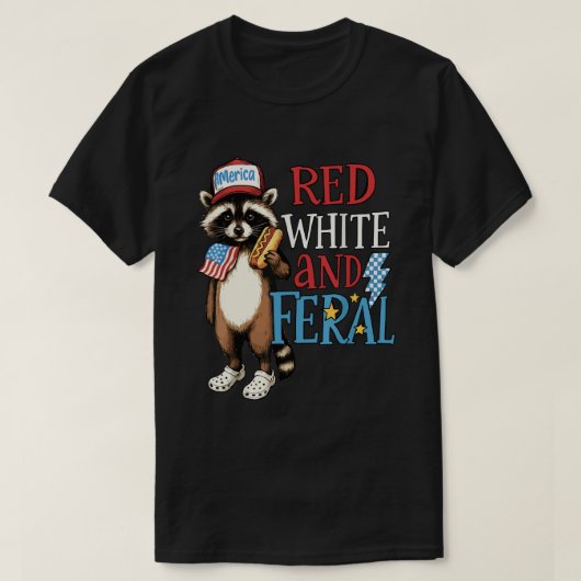 赤白野生 – 面白い7月4日のアライグマ Tシャツ (デザイン正面)