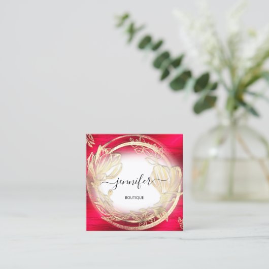 赤白金ゴールドフローラフレームQRCodeロゴ スクエア名刺 (スタンド正面)