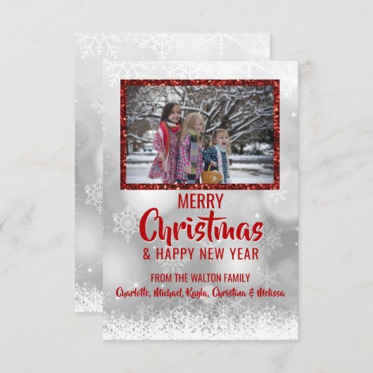 赤白雪グリッタークリスマス|写真 招待状 (正面/裏面)