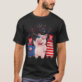 赤白青おもしろいピグアメリカ国旗農家4日 Tシャツ