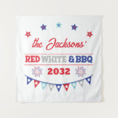 赤白青とBBQ、7月4日、家族、名前、花火 タペストリー (正面)