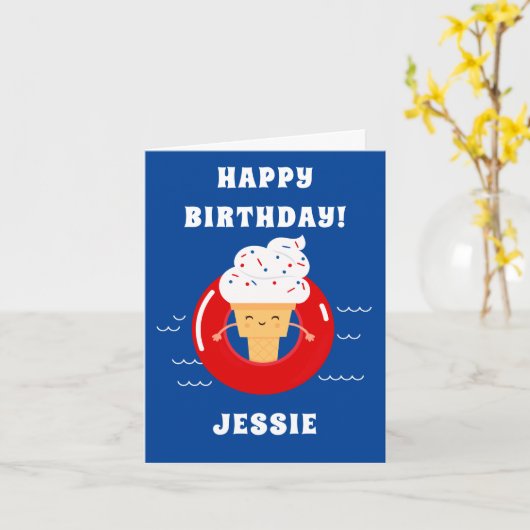 赤白青のアイスクリームのプールを囲んでのパーティは夏をからかいます カード (黄色い花)