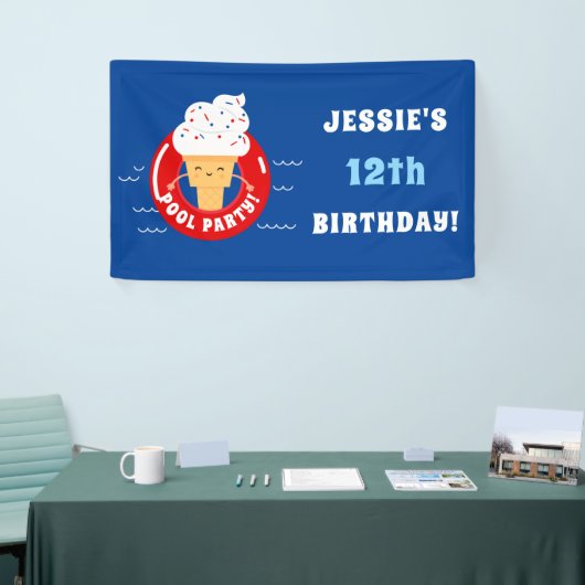 赤白青のアイスクリームのプールを囲んでのパーティは夏をからかいます 横断幕 (トレードショー)
