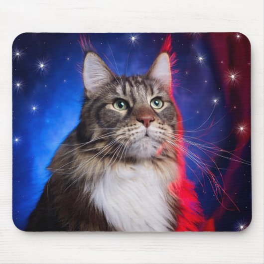 赤白青のオーラと星のメインクーン猫 マウスパッド (正面)