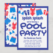 赤白青のバックヤードプールパーティー招待状 招待状 (正面/裏面)