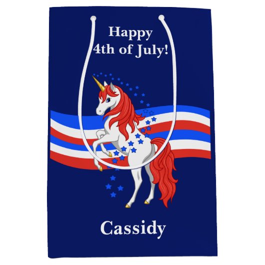 赤白青の愛国心が強いアメリカのユニコーン ミディアムペーパーバッグ (正面)