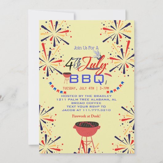 赤白青の愛国的な花火　7月4日 招待状 (正面)