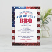 赤白青の星がきらきら光るアメリカ国旗 7月4日 BBQ 招待状 (スタンド正面)