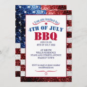 赤白青の星がきらきら光るアメリカ国旗 7月4日 BBQ 招待状 (正面/裏面)