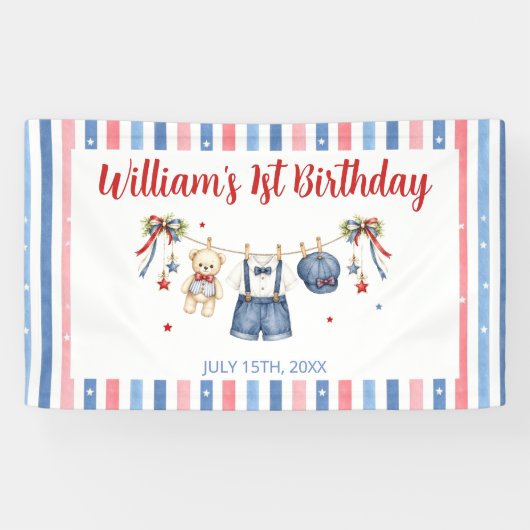 赤白青の服の男の子の誕生日 横断幕 (横)