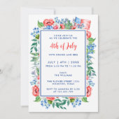 赤白青の花の4thオブジュライ パーティー 愛国的な 招待状 (正面)