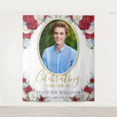 赤白青の花模様の葬儀追悼用壁掛け タペストリー (正面)