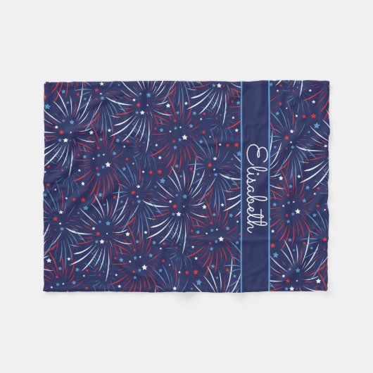 赤白青の花火の星は名前を加えます フリースブランケット (正面(横))