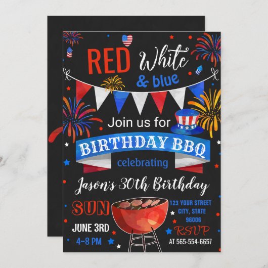 赤白青の誕生日バーベキュー招待状 招待状 (正面/裏面)