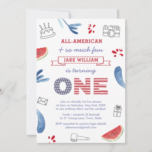 赤白青の電子メールによる第1の誕生日パーティー 招待状 (正面)