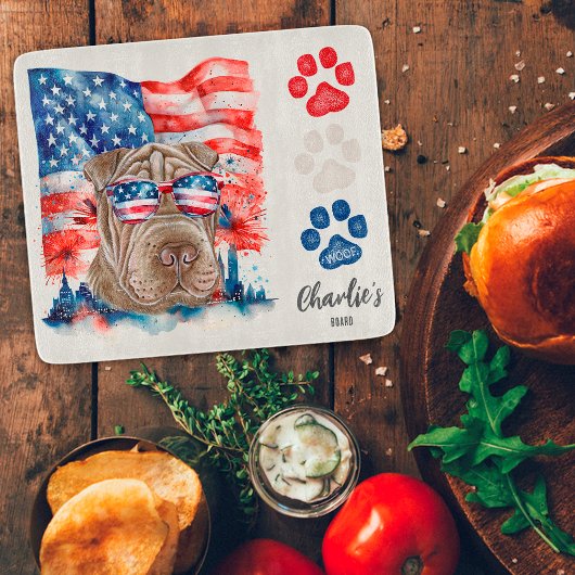 赤白青の面白いShar Pei犬のおやつ カッティングボード
