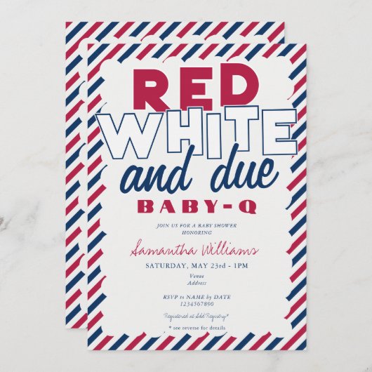 赤白青の4th of July BABY-Q BBQ ベイビーシャワー 招待状 (正面/裏面)
