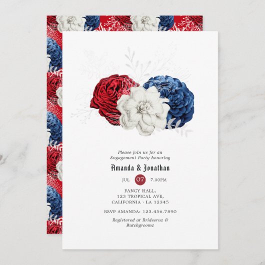 赤白青の7月4日エンゲージメントパーティー 招待状 (正面/裏面)