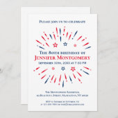 赤白青の80歳の誕生日パーティーの花火 招待状 (正面/裏面)