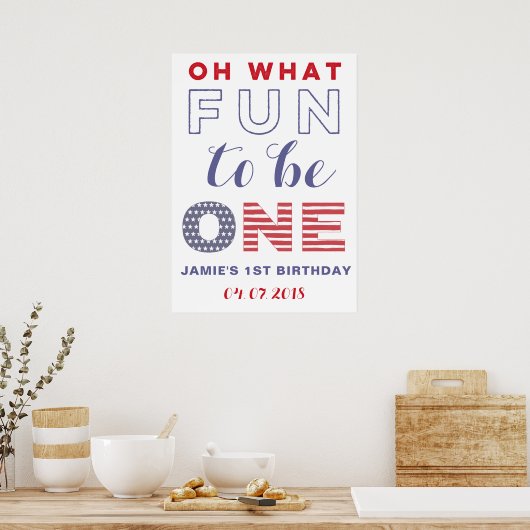 赤白青アメリカの最初の誕生日ウェルカムサイン ポスター (キッチン)