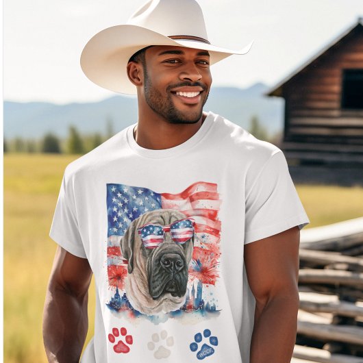 赤白青イングリッシュ・マスティフ犬 7月4日 Tシャツ
