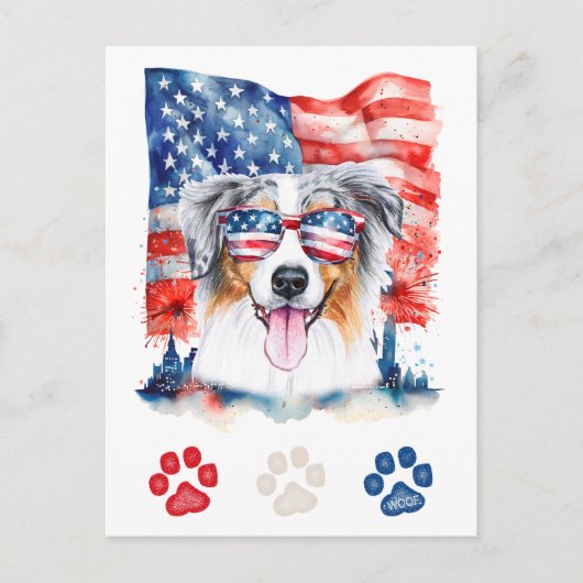 赤白青オーストラリア羊飼い犬7月4日 シーズンポストカード (正面)