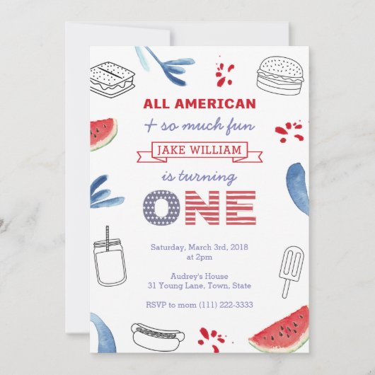 赤白青クックアウト1歳の誕生日パーティー ユニセックス 招待状 (正面)