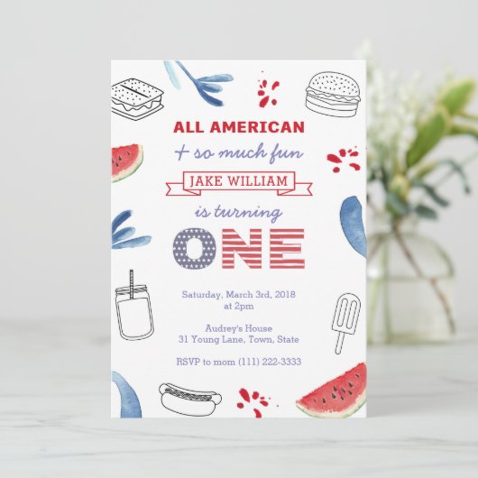 赤白青クックアウト1歳の誕生日パーティー ユニセックス 招待状 (スタンド正面)