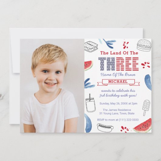 赤白青クックアウト3rd誕生日パーティー写真 招待状 (正面)