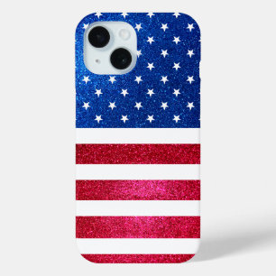 赤白青グリッター愛国的アメリカ国旗 iPhone 15ケース
