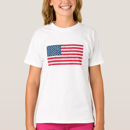 赤白青グリッター愛国米国アメリカ国旗 Tシャツ (正面)