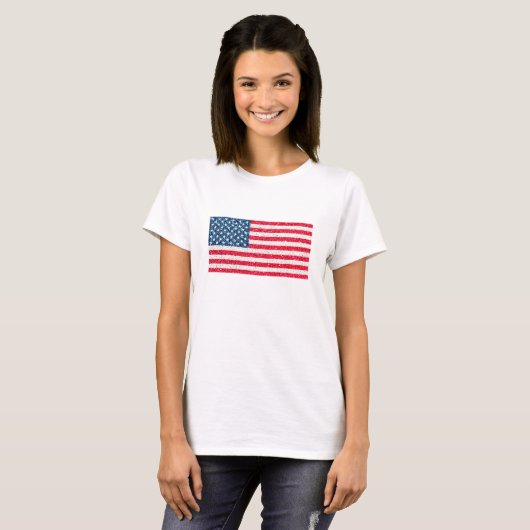 赤白青グリッター愛国米国アメリカ国旗 Tシャツ (正面フル)
