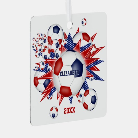 赤白青サッカーのボール吹き出しガールスポーツ メタルオーナメント (正面右)