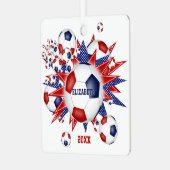 赤白青サッカーのボール吹き出しガールスポーツ メタルオーナメント (正面左)