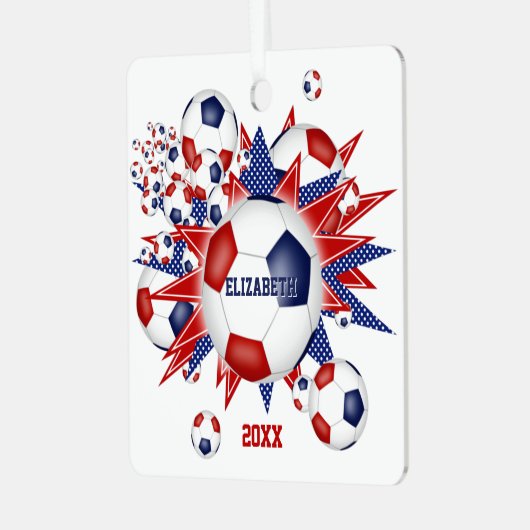 赤白青サッカーのボール吹き出しガールスポーツ メタルオーナメント (正面左)