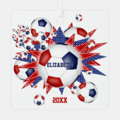 赤白青サッカーのボール吹き出しガールスポーツ メタルオーナメント (裏面)
