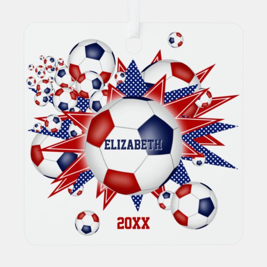 赤白青サッカーのボール吹き出しガールスポーツ メタルオーナメント (裏面)