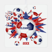 赤白青サッカーのボール吹き出しガールスポーツ メタルオーナメント (正面)