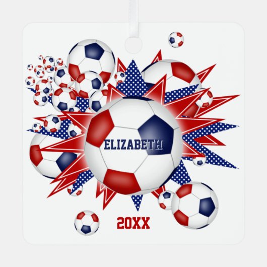 赤白青サッカーのボール吹き出しガールスポーツ メタルオーナメント (正面)
