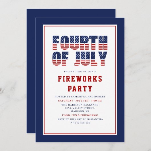 赤白青スストライプターパーティー7月4日 招待状 (正面/裏面)