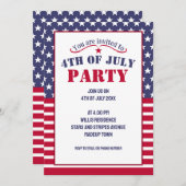 赤白青スストライプツUSA国旗4 7月パーティー 招待状 (正面/裏面)