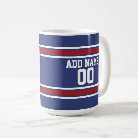 赤白青スポーツジャージー名前をカスタムする番号 コーヒーマグカップ (正面右)