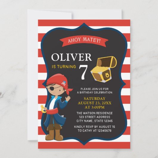 赤白青タンパイレートボーイ誕生日招待状 招待状 (正面)